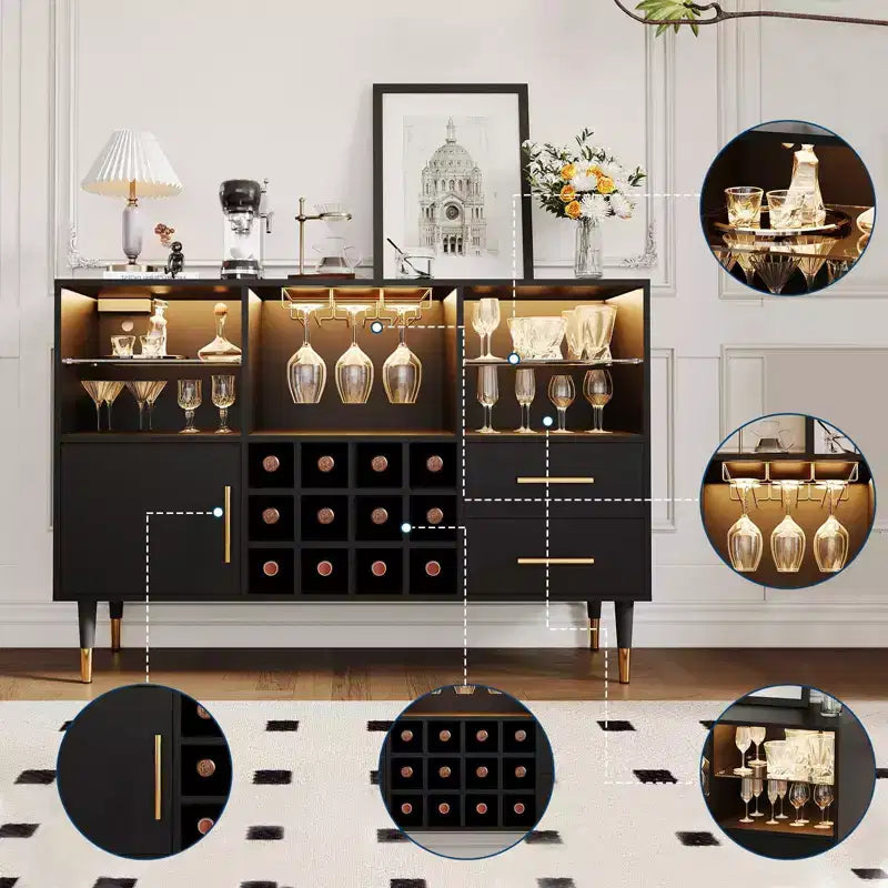 Mobile bar nero / color legno con luci LED e stazione di ricarica, credenza da 120 cm, uso per 1 persona