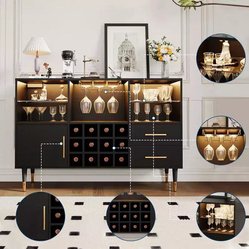 Mobile bar nero / color legno con luci LED e stazione di ricarica, credenza da 120 cm, uso per 1 persona