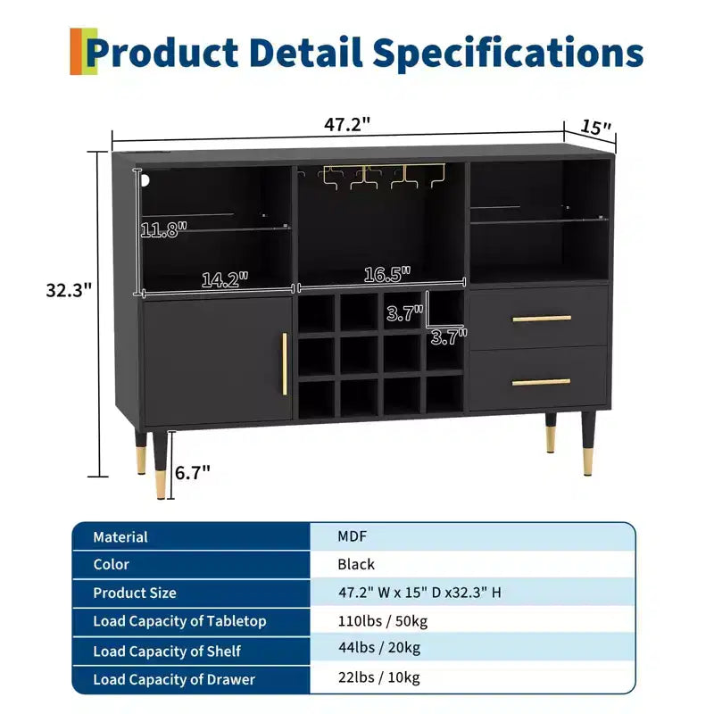 Mobile bar nero / color legno con luci LED e stazione di ricarica, credenza da 120 cm, uso per 1 persona