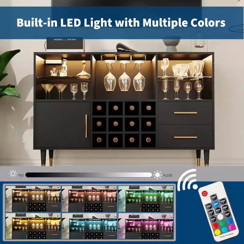 Mobile bar nero / color legno con luci LED e stazione di ricarica, credenza da 120 cm, uso per 1 persona