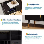 Mobile bar nero / color legno con luci LED e stazione di ricarica, credenza da 120 cm, uso per 1 persona