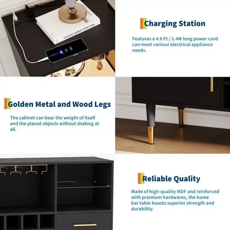 Mobile bar nero / color legno con luci LED e stazione di ricarica, credenza da 120 cm, uso per 1 persona