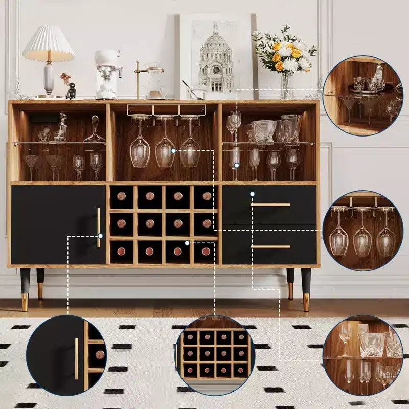Mobile bar nero / color legno con luci LED e stazione di ricarica, credenza da 120 cm, uso per 1 persona