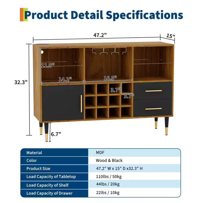 Mobile bar nero / color legno con luci LED e stazione di ricarica, credenza da 120 cm, uso per 1 persona