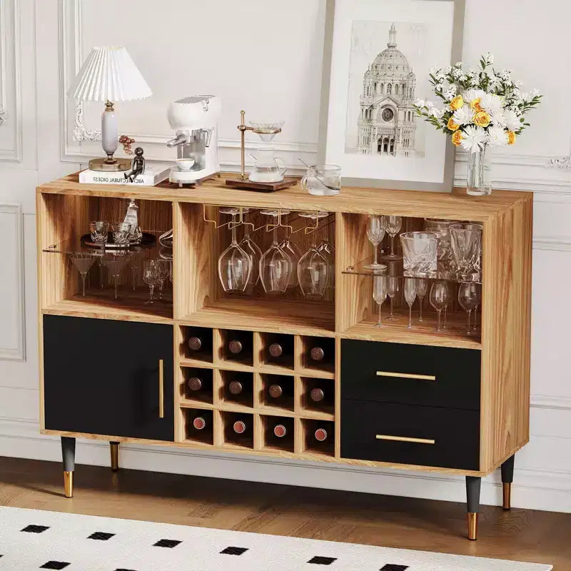 Mobile bar nero / color legno con luci LED e stazione di ricarica, credenza da 120 cm, uso per 1 persona