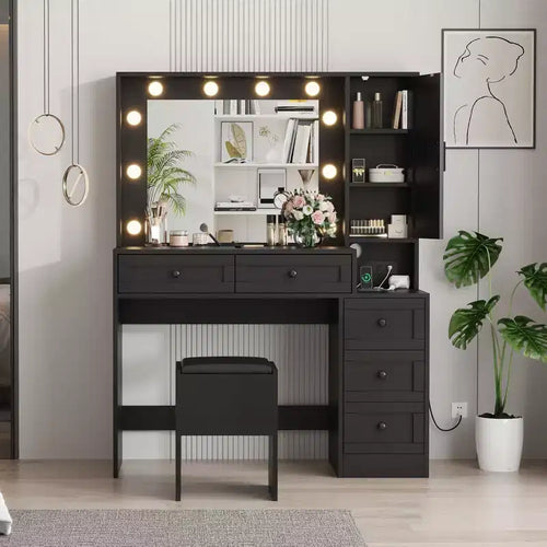 GustoWave Makeup Vanity Desk and Stool, Vanity Desk with Lights & Charging Station, Drawers and Hidden Storage Shelves