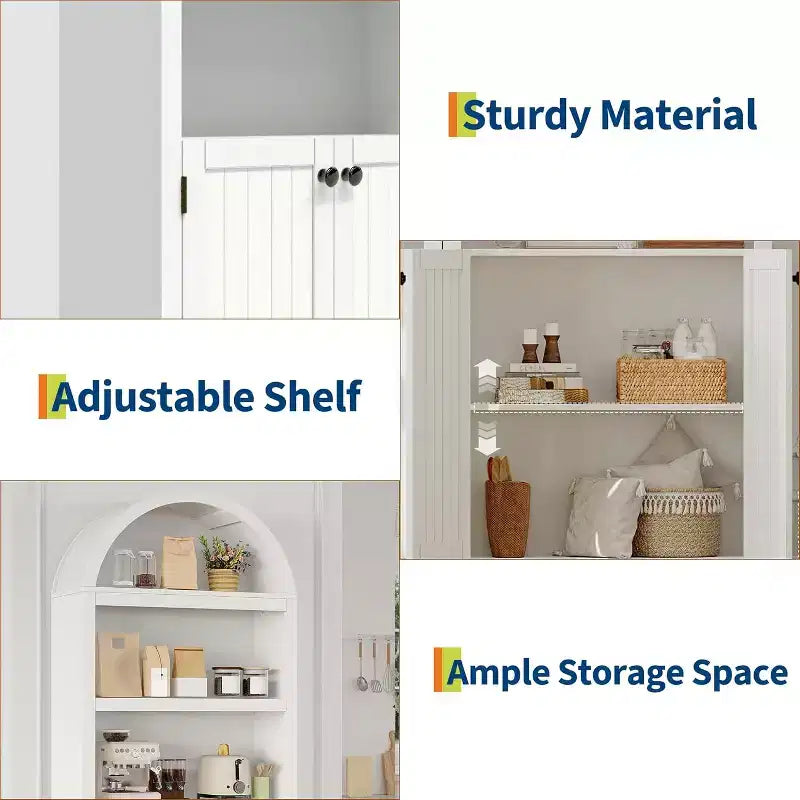 Mobiletto ad arco con ante, bianco/color legno, maniglie nere/oro, 5 ripiani, 2 ante