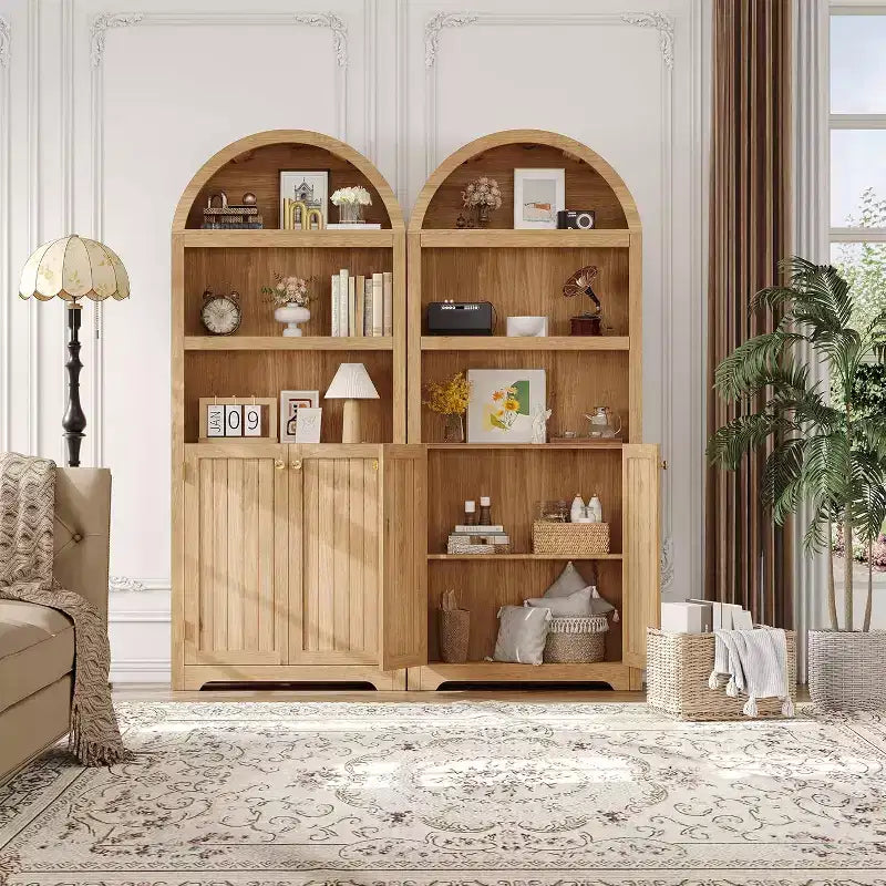 Mobiletto ad arco con ante, bianco/color legno, maniglie nere/oro, 5 ripiani, 2 ante
