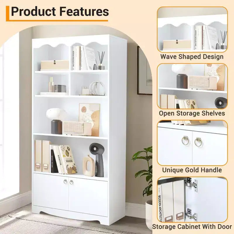 Libreria a 5 ripiani, bianco / noce, scaffale a tutt'altezza, utente singolo, 63"