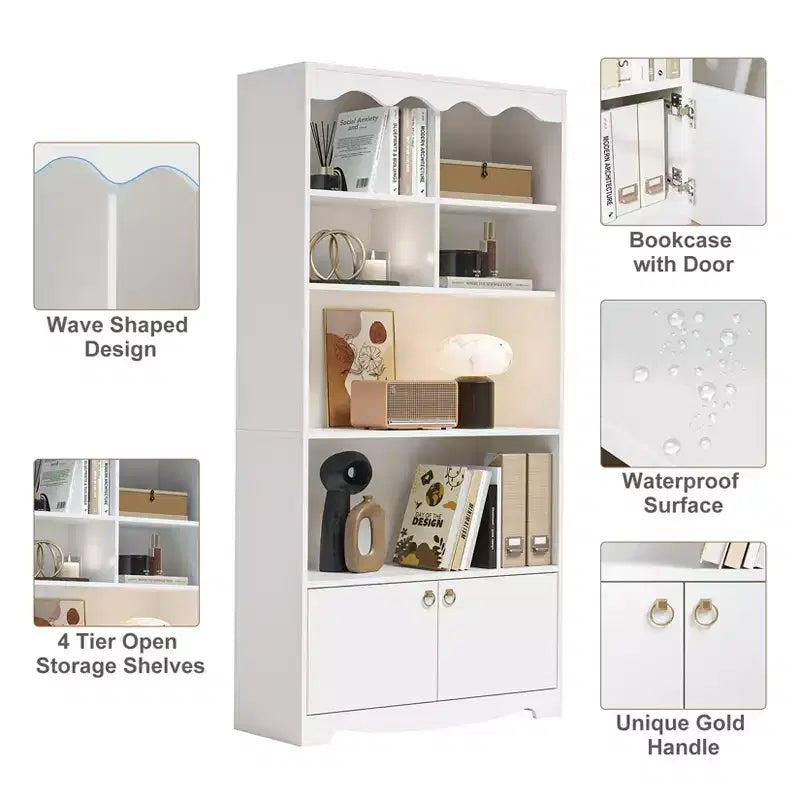 Libreria a 5 ripiani, bianco / noce, scaffale a tutt'altezza, utente singolo, 63"