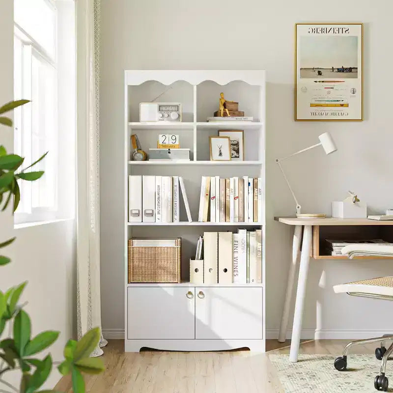 Libreria a 5 ripiani, bianco / noce, scaffale a tutt'altezza, utente singolo, 63"