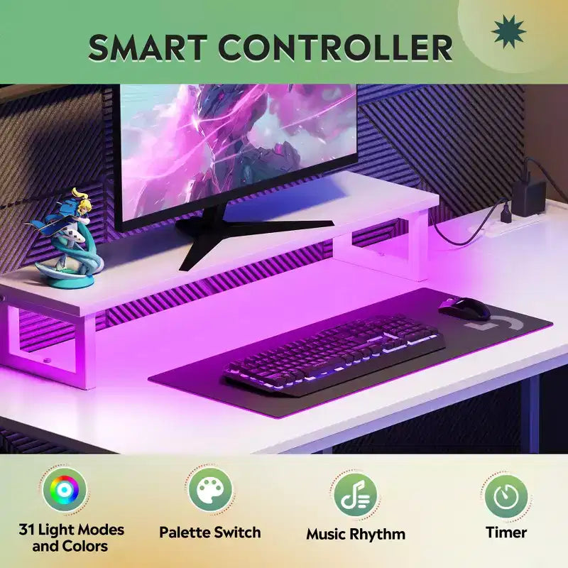 Scrivania angolare a L nera con luci LED, prese di corrente e supporto monitor, 47", 1 persona
