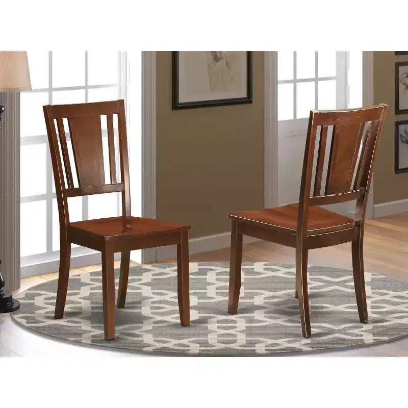 Sedia da pranzo in legno con schienale a doghe, colore nero/mogano, set da 2