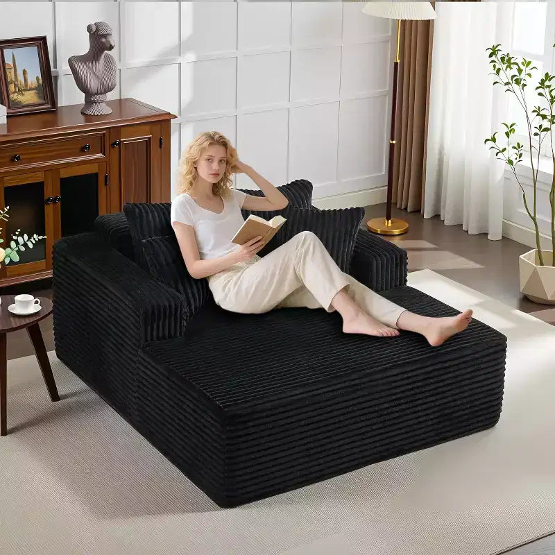 Chaise longue in velluto a coste con cuscini – Beige / Nero / Grigio, 1 posto, Nessun assemblaggio richiesto