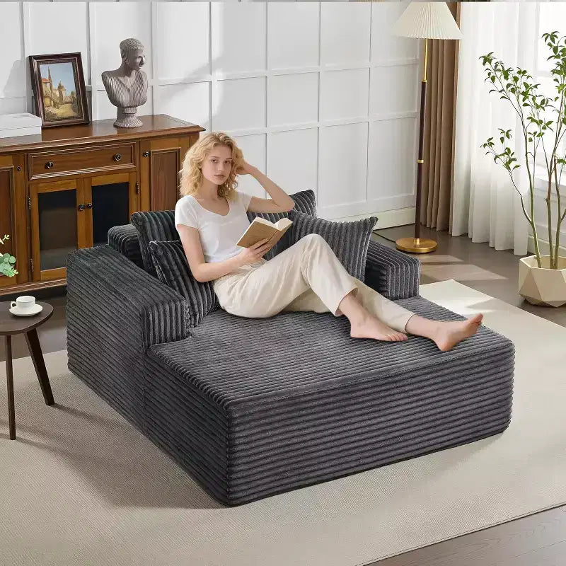 Chaise longue in velluto a coste con cuscini – Beige / Nero / Grigio, 1 posto, Nessun assemblaggio richiesto
