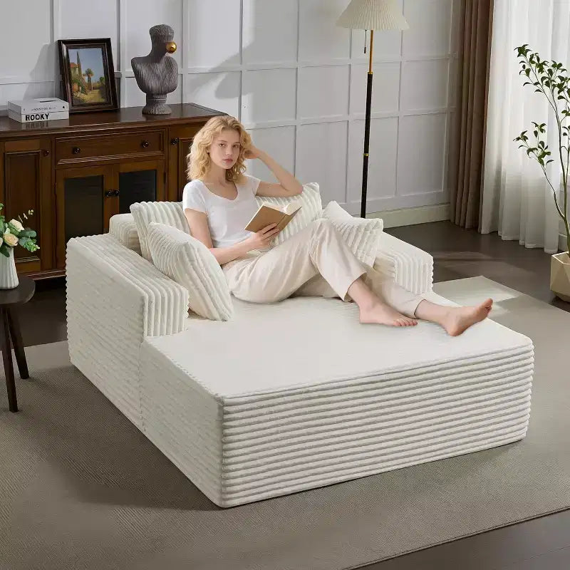 Chaise longue in velluto a coste con cuscini – Beige / Nero / Grigio, 1 posto, Nessun assemblaggio richiesto