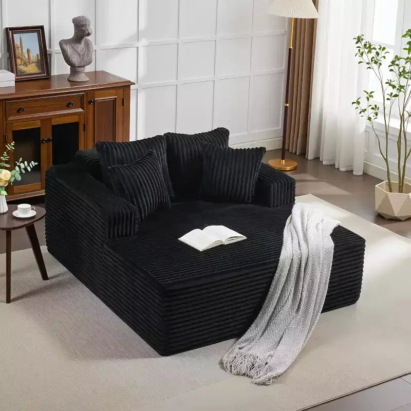 Chaise longue in velluto a coste con cuscini – Beige / Nero / Grigio, 1 posto, Nessun assemblaggio richiesto