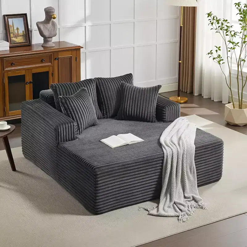 Chaise longue in velluto a coste con cuscini – Beige / Nero / Grigio, 1 posto, Nessun assemblaggio richiesto