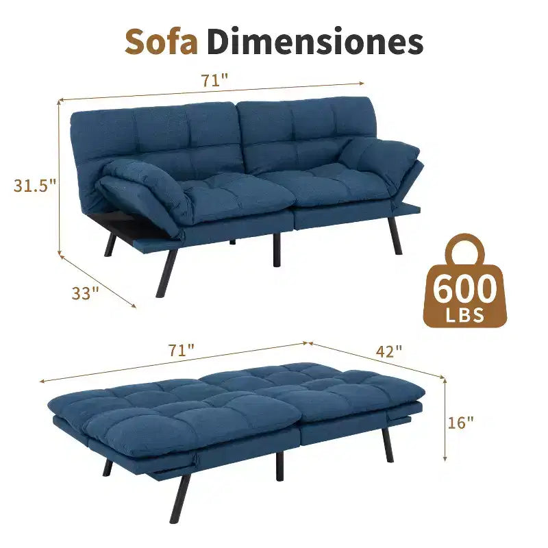 Divano letto futon convertibile blu / grigio scuro / grigio chiaro, 180 cm, 2 posti
