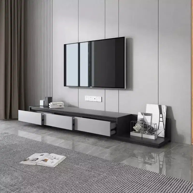 Mobile TV estensibile grigio con 3 cassetti e ripiani aperti – Adatto a TV fino a 80", assemblaggio 1-2 persone