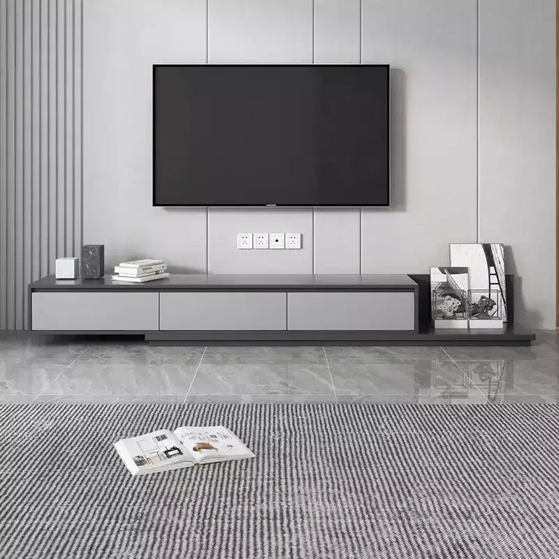 Mobile TV estensibile grigio con 3 cassetti e ripiani aperti – Adatto a TV fino a 80", assemblaggio 1-2 persone