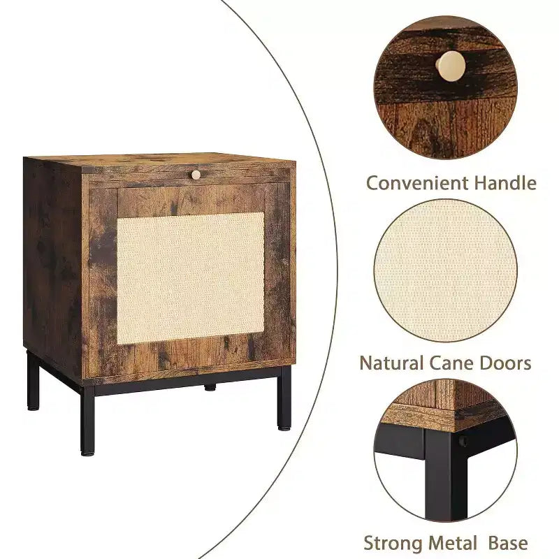 Comodini in rattan marrone e nero con armadietto, set da 2