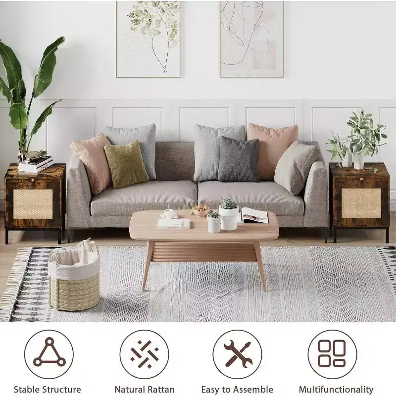 Comodini in rattan marrone e nero con armadietto, set da 2