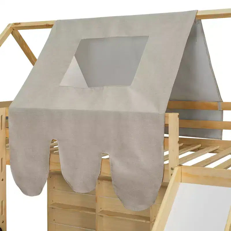 Letto a soppalco a forma di casetta, bianco naturale, per bambini, con scivolo, tenda e contenitore – singolo/piazza e mezza, 1 bambino
