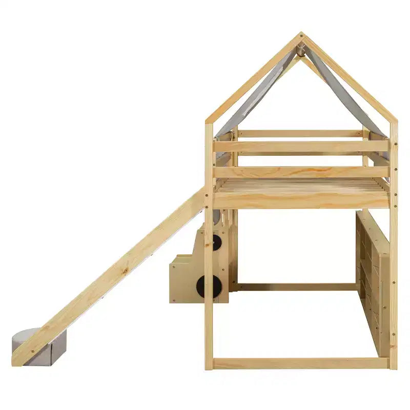 Letto a soppalco a forma di casetta, bianco naturale, per bambini, con scivolo, tenda e contenitore – singolo/piazza e mezza, 1 bambino