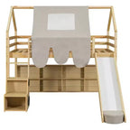 Letto a soppalco a forma di casetta, bianco naturale, per bambini, con scivolo, tenda e contenitore – singolo/piazza e mezza, 1 bambino