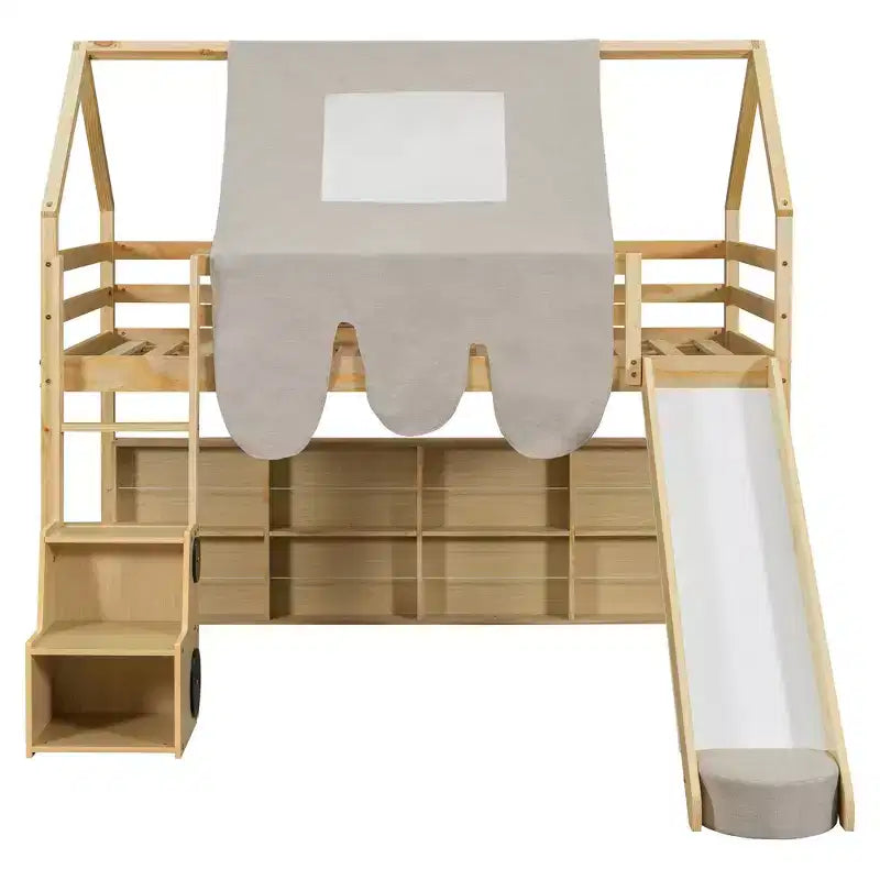 Letto a soppalco a forma di casetta, bianco naturale, per bambini, con scivolo, tenda e contenitore – singolo/piazza e mezza, 1 bambino