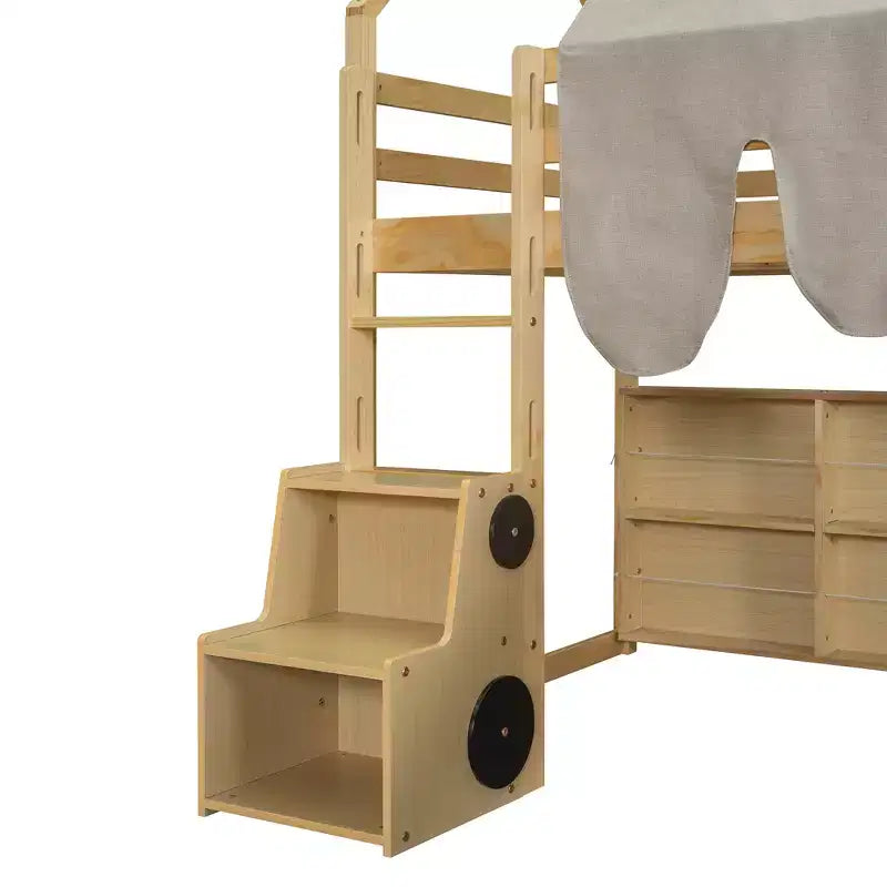 Letto a soppalco a forma di casetta, bianco naturale, per bambini, con scivolo, tenda e contenitore – singolo/piazza e mezza, 1 bambino