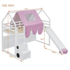Letto a soppalco a forma di casetta, bianco naturale, per bambini, con scivolo, tenda e contenitore – singolo/piazza e mezza, 1 bambino