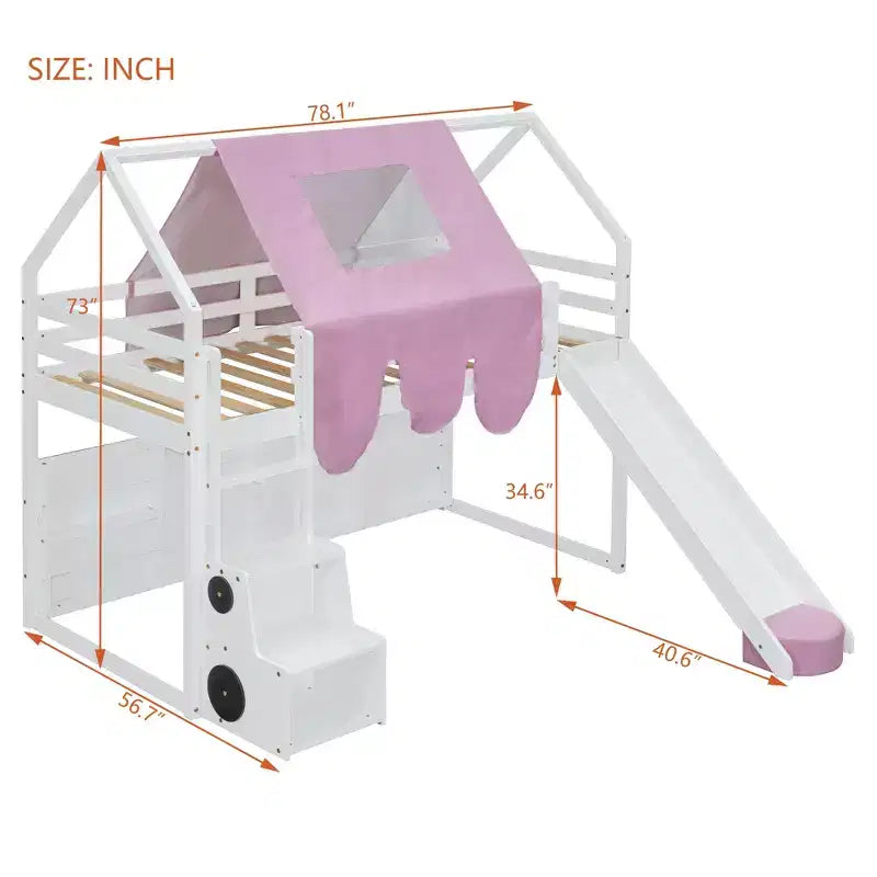 Letto a soppalco a forma di casetta, bianco naturale, per bambini, con scivolo, tenda e contenitore – singolo/piazza e mezza, 1 bambino