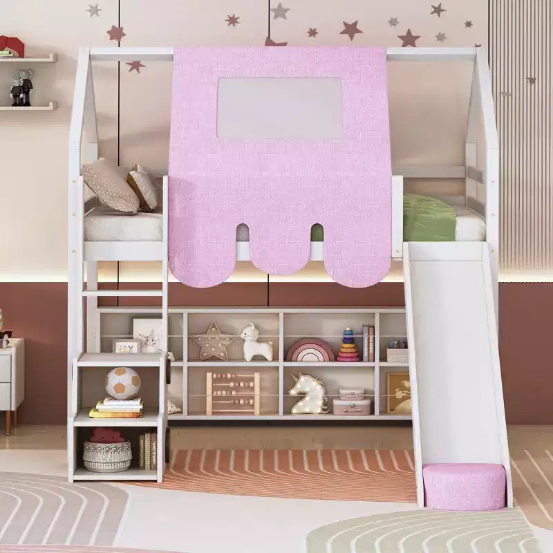 Letto a soppalco a forma di casetta, bianco naturale, per bambini, con scivolo, tenda e contenitore – singolo/piazza e mezza, 1 bambino