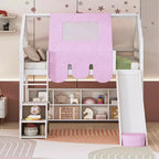 Letto a soppalco a forma di casetta, bianco naturale, per bambini, con scivolo, tenda e contenitore – singolo/piazza e mezza, 1 bambino