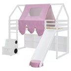 Letto a soppalco a forma di casetta, bianco naturale, per bambini, con scivolo, tenda e contenitore – singolo/piazza e mezza, 1 bambino
