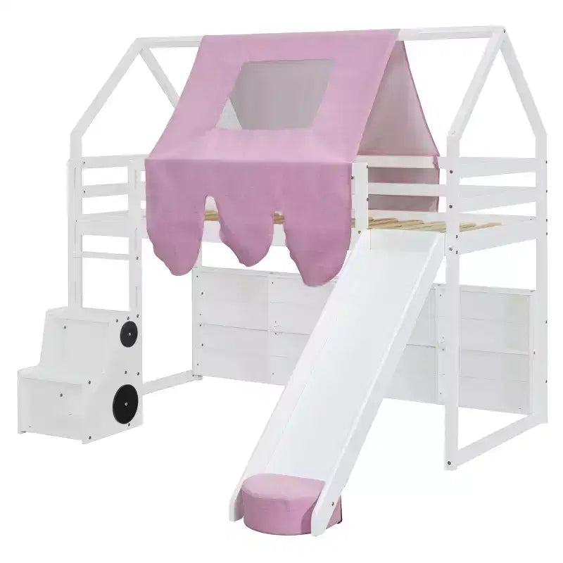 Letto a soppalco a forma di casetta, bianco naturale, per bambini, con scivolo, tenda e contenitore – singolo/piazza e mezza, 1 bambino
