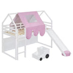 Letto a soppalco a forma di casetta, bianco naturale, per bambini, con scivolo, tenda e contenitore – singolo/piazza e mezza, 1 bambino