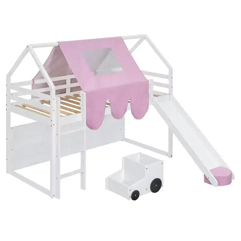Letto a soppalco a forma di casetta, bianco naturale, per bambini, con scivolo, tenda e contenitore – singolo/piazza e mezza, 1 bambino