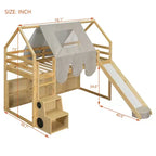 Letto a soppalco a forma di casetta, bianco naturale, per bambini, con scivolo, tenda e contenitore – singolo/piazza e mezza, 1 bambino