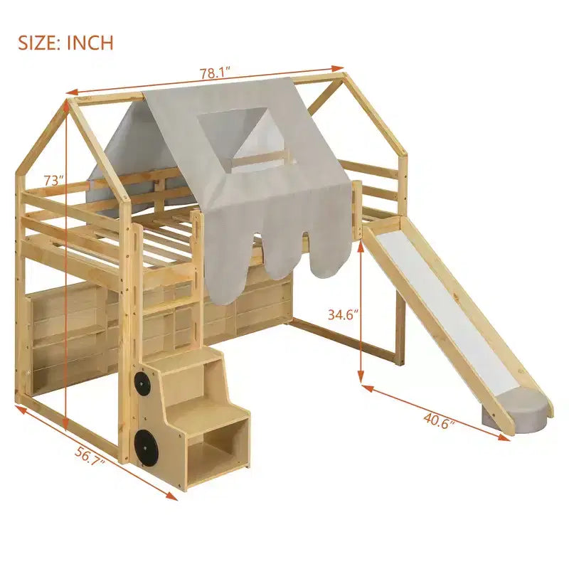 Letto a soppalco a forma di casetta, bianco naturale, per bambini, con scivolo, tenda e contenitore – singolo/piazza e mezza, 1 bambino