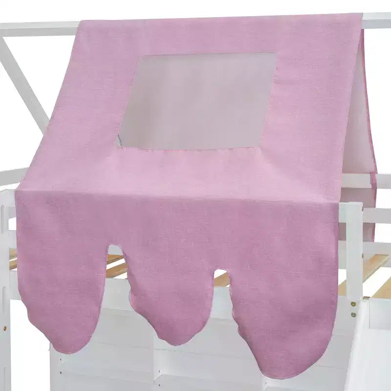 Letto a soppalco a forma di casetta, bianco naturale, per bambini, con scivolo, tenda e contenitore – singolo/piazza e mezza, 1 bambino