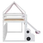 Letto a soppalco a forma di casetta, bianco naturale, per bambini, con scivolo, tenda e contenitore – singolo/piazza e mezza, 1 bambino