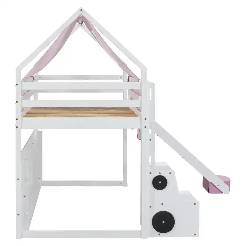 Letto a soppalco a forma di casetta, bianco naturale, per bambini, con scivolo, tenda e contenitore – singolo/piazza e mezza, 1 bambino