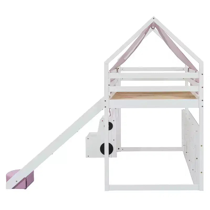 Letto a soppalco a forma di casetta, bianco naturale, per bambini, con scivolo, tenda e contenitore – singolo/piazza e mezza, 1 bambino