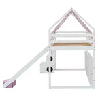 Letto a soppalco a forma di casetta, bianco naturale, per bambini, con scivolo, tenda e contenitore – singolo/piazza e mezza, 1 bambino