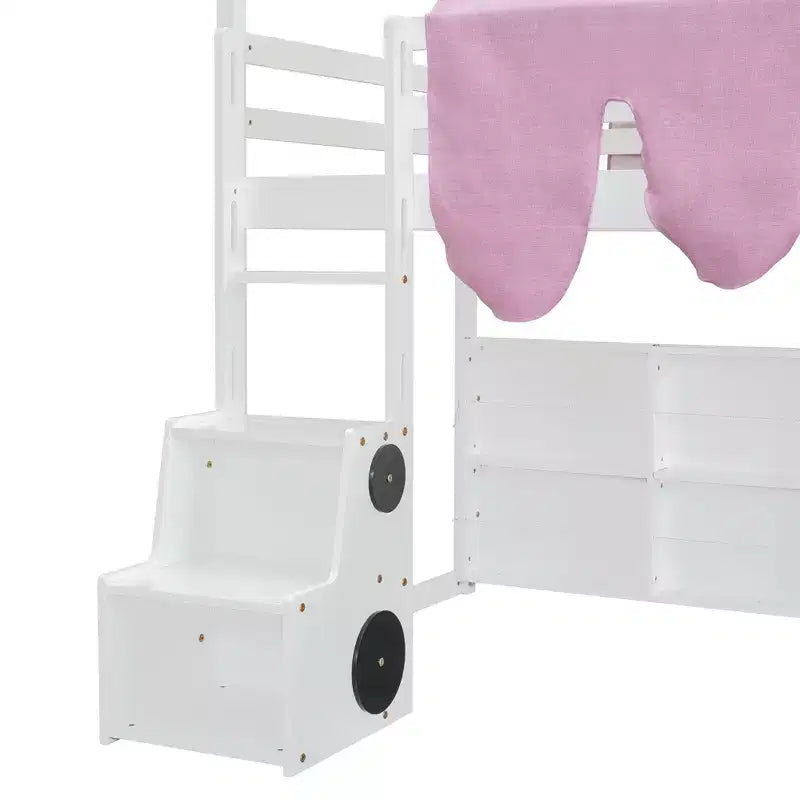 Letto a soppalco a forma di casetta, bianco naturale, per bambini, con scivolo, tenda e contenitore – singolo/piazza e mezza, 1 bambino