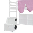 Letto a soppalco a forma di casetta, bianco naturale, per bambini, con scivolo, tenda e contenitore – singolo/piazza e mezza, 1 bambino