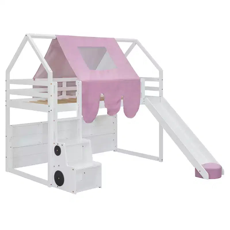 Letto a soppalco a forma di casetta, bianco naturale, per bambini, con scivolo, tenda e contenitore – singolo/piazza e mezza, 1 bambino